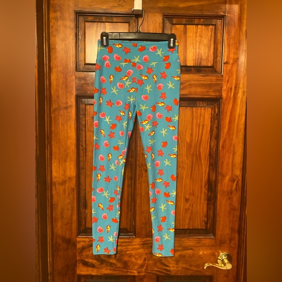 LuLaRoe OS Leggings Turquoise Bold Color Print Blue Ocean Life Pattern Seashells - Picture 3 of 13